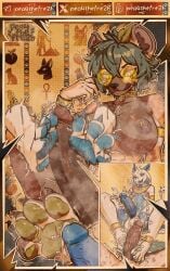2_horns 4_toes abs absurd_res anklet anthro armlet big_breasts blue_body blue_eyes blue_pawpads blue_penis bodily_fluids bracelet breasts brown_body brown_fur claws clothing cock_vore collar cum cumshot dark_nipples dark_penis disembodied_foot dragon dripping duo ear_piercing egyptian egyptian_clothing ejaculation english_text erection eyeshadow eyewear feet foot_fetish foot_play footjob fur genital_fluids genitals glasses gold_(metal) gold_anklet gold_armlet gold_bracelet gold_collar gold_glasses gold_jewelry gold_piercing gold_ring green_eyes green_hair green_pawpads green_tail grin gynomorph hair heart_symbol herm hi_res horn hyena intersex intersex/male jewelry leaf leaf_tail looking_at_genitalia looking_at_penis makeup male mammal metal_collar multicolored_body multicolored_fur muscular muscular_intersex mythological_creature mythological_scalie mythology navel oushin pawpads pea4thefre2h peacheart_(character) penile penis penis_on_feet piercing precum precum_drip ring round_glasses scalie sex smelly smile soles spiked_tail spikes spikes_(anatomy) steam sweat sweaty_feet tail tattoo text throbbing throbbing_penis toes tongue tongue_out twitching two_tone_body usekh vore white_body