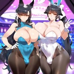 2girls ai_generated animal_ears areola_slip atago_(azur_lane) azur_lane bangs bare_shoulders black_hair black_legwear blush bow breasts brown_eyes bulge_through_clothing bunny_ears bunnysuit cleavage closed_mouth covered_navel extra_ears eyebrows_visible_through_hair fourina futanari gloves hair_ribbon hairbow hand_on_hip huge_breasts leotard long_hair looking_at_viewer mole mole_under_eye multiple_girls pantyhose ponytail ribbon smile standing strapless strapless_leotard swept_bangs takao_(azur_lane) thighs very_long_hair white_bow white_gloves white_ribbon wrist_cuffs