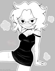 animation_meme_community bare_legs beaniebearz black_dress dress emberbaye eyes_half_open fuck_me_eyes instagram leaning_back legs_apart monochrome_characters no_bra sitting smiling_at_viewer strap_slip sweat youtube youtuber