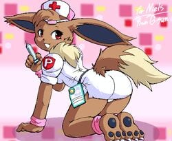 all_fours anthro beige_fur brown_fur clothes color eevee female female_only fur furry furry_tail g-sun hat headband long_ears looking_back nintendo nurse nurse_uniform open_eyes open_mouth pokemon red_eyes smile solo syringe tail uniform