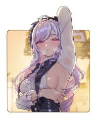 1girls ai_generated armpits blush breasts elf elf_female hi_res looking_at_viewer purple_hair red_eyes seductive_look solo sweat sweating sweaty_body vivian_(zenless_zone_zero) zenless_zone_zero