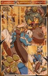 2_horns 4_toes abs absurd_res anklet anthro armlet big_breasts blue_body blue_eyes blue_pawpads blue_penis blush bodily_fluids bracelet breasts brown_body brown_fur claws clothing cock_vore collar cum cum_on_feet cumshot cumshot_on_feet dark_nipples dark_penis disembodied_foot dragon dripping duo ear_piercing egyptian egyptian_clothing ejaculation english_text erection eyeshadow eyewear feet foot_fetish foot_play footjob fur genital_fluids genitals glasses gold_(metal) gold_anklet gold_armlet gold_bracelet gold_collar gold_glasses gold_jewelry gold_piercing gold_ring green_eyes green_hair green_pawpads green_tail grin gynomorph hair heart_symbol hi_res horn hyena intersex intersex/male jewelry leaf leaf_tail looking_at_genitalia looking_at_penis makeup male mammal metal_collar multicolored_body multicolored_fur muscular muscular_intersex mythological_creature mythological_scalie mythology navel oushin pawpads pea4thefre2h peacheart_(character) penile penis penis_on_feet piercing precum precum_drip ring round_glasses scalie sex smelly smile soles spiked_tail spikes spikes_(anatomy) sweat sweaty_feet tail tattoo text throbbing throbbing_penis toes tongue tongue_out twitching two_tone_body usekh vore white_body