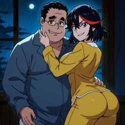 ai_generated ass bubble_butt fat_man female holding kill_la_kill large_breasts looking_at_viewer male mankanshoku_barazou matoi_ryuuko pajamas smirk touching_face