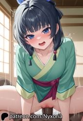 ai_generated blue_eyes blush cowgirl_position dark-skinned_male female green_hair kimono kusuriya_no_hitorigoto maomao_(kusuriya_no_hitorigoto) motion_lines open_mouth patreon patreon_username sex steam trembling