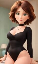 ai_generated aunt_cass big_hero_6 black_choker black_leotard brown_eyes brown_hair cass_hamada cathrynedelamort choker cleavage covered_navel covered_nipples female groin large_breasts leotard lips long_sleeve_leotard marvel necklace smile thighs