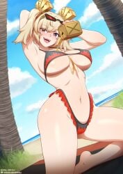 arm_up armpits beach bikini blonde_hair breasts burnice_white eyewear_on_head female flame_print frilled_bikini frills hair_ornament highleg highleg_bikini midriff navel neocoill pouring pouring_onto_self presenting_armpit swimsuit twintails underboob zenless_zone_zero