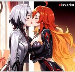 2girls 2milfs 2women ai_generated arlecchino_(genshin_impact) flirting genshin_impact girl_on_girl kissing lesbian_couple lesbian_kiss lovers mavuika_(genshin_impact) yuri yuri yuri