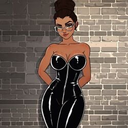 1girls ai_generated arcane black_outfit breasts breasts brown_hair brown_skin cleavage dominant dominant_female dominatrix dominatrix_outfit female female female_focus female_only glasses latex latex_bodysuit latex_clothing latex_suit league_of_legends looking_at_viewer seductive seductive_female seductive_gaze seductive_look seductive_smile short_hair sky_young smile solo solo_female solo_focus