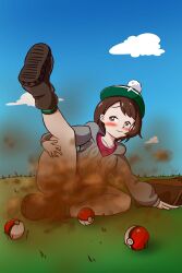 blush blush blushing_female brown_hair fart fart_cloud fart_fetish farting gloria_(pokemon) grass_field leg_lift leg_up nintendo pokeball pokemon striped_panties upskirt