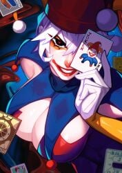 balatro cleavage huge_breasts jester jester_cap jester_costume jester_girl jester_hat jester_outfit playing_card qt0ri tagmw