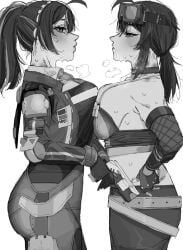 2girls big_ass big_breasts black_hair blush breast_press carrot_011 female_only grace_howard greyscale hoyoverse looking_at_another pistol police ponytail pressing_breasts_together short_hair sweat sweating yuri zenless_zone_zero zhu_yuan