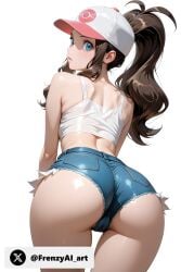 ai_generated ass ass_focus back bare_shoulders baseball_cap blue_eyes blush brown_hair closed_mouth cowboy_shot crop_top cutoffs denim denim_shorts female frenzyai from_behind hat high_ponytail hilda_(pokemon) leaning_forward long_hair looking_at_viewer looking_back micro_shorts pokemon ponytail shiny shiny_skin shirt short_shorts shorts sidelocks simple_background sleeveless solo tank_top thigh_gap thighs white_background white_shirt white_tank_top