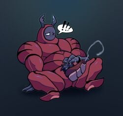 1boy bara blush boner bug cum cum_on_penis dung_beetle dung_defender furry gay hollow_knight masturbation muscular muscular_male non-human shy solo_male wheatwesley