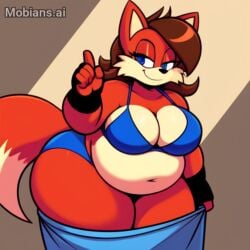 ai_generated bbw bedroom_eyes big_belly big_breasts black_gloves blue_bikini blue_eyes brown_hair fat fat_folds fingerless_gloves fiona_fox fox looking_to_the_side mobians.ai obese obese_anthro obese_female overweight overweight_anthro overweight_female red_fur seductive sonic_the_hedgehog_(archie) stripping tan_belly tan_breasts tan_muzzle thick_thighs undressing wide_hips