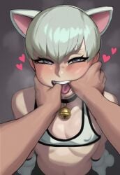 ai_generated bell_collar cat_ears copernicus femboy fingers_in_mouth sports_bra white_hair yaoi yorha_9s