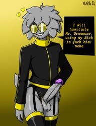 1male bisexual bisexual_male black_eyes dialog_balloon dialogue garter_belt glasses gray_fur jacket leotard_under_clothes male_only penis puffle puffle_bastille_(puffledreemurr) puffledreemurr rival stockings