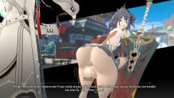 3d 3d_(artwork) feixiao_(honkai:_star_rail) futanari hand_gesture looking_back piigeta2 presenting_hindquarters text yunli_(honkai:_star_rail)
