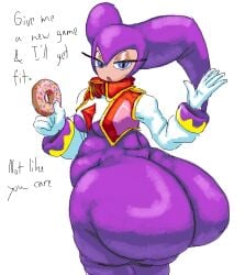 big_ass buttbuttthenobelbutt chubby donut eating fat jester looking_at_viewer nights nights_into_dreams purple_clothing