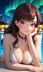 1girls ai_generated beach bikini black_choker brown_eyes brown_hair brunette_female brunette_hair choker cleavage d.va female halloween halloween_costume halloween_theme long_brown_hair long_hair looking_at_viewer non-nude overwatch pool poolside pretty pretty_face pretty_girl wavy_hair