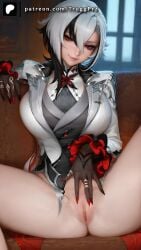 ai_generated arlecchino_(genshin_impact) genshin_impact huge_breasts inviting looking_at_viewer nail_polish naughty_face pov pov_eye_contact pussy sitting smile spread_legs truggprz white_hair