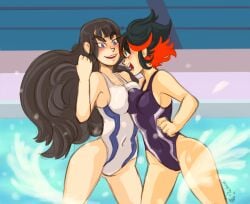 2girls asymmetrical_docking athletic_female big_eyebrows black_hair black_one-piece_swimsuit blue_eyes blush breast_attack breast_press breasts breasts_to_breasts breasts_touching catfight cheshirearttime competition_swimsuit crossover female female_only fight fighting fit_female green_eyes judgeking keijo!!!!!!!! kill_la_kill kiryuuin_satsuki long_hair matoi_ryuuko multiple_girls one-piece_swimsuit pool red_highlights short_hair sideboob sisters source_request splashing tagme two_tone_hair very_long_hair wading white_one-piece_swimsuit