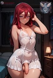 1boy ai_generated balls bed bedroom dress femboy flaccid flaccid_penis flat_chest hand_on_head high_resolution highres ilfb long_hair looking_at_viewer more_at_source night nipples_visible_through_clothing original original_character otoko_no_ko precum purple_eyes red_hair solo solo_focus standing testicles trap