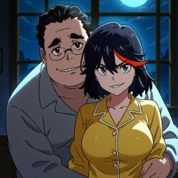 ai_generated fat_man female holding kill_la_kill large_breasts looking_at_viewer male mankanshoku_barazou matoi_ryuuko old_man older_male pajamas smirk ugly_bastard