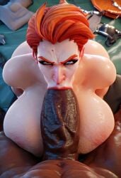 ai ai_generated blowjob brown_arms brown_fingers brown_hands brown_legs dark-skinned_male large_breasts lukdorf08 moira moira_o'deorain overwatch overwatch_2