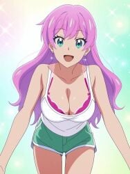 ass ass_focus blue_eyes blush breasts fuufu_ijou_koibito_miman green_shorts looking_at_viewer pink_hair smile smiling_at_viewer watanabe_akari white_tank_top