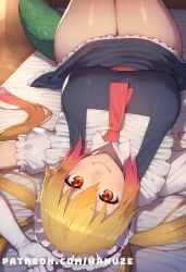 ai_generated big_ass big_breasts big_butt big_thighs blonde_hair blush dragon_maid horn huge_ass huge_breasts huge_butt huge_thighs lying maid maid_headdress maid_uniform miss_kobayashi's_dragon_maid orange_eyes tail tohru_(dragon_maid) upside-down wanuze wide_hips