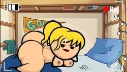 arched_back ass_focus ass_in_air big_ass blonde_hair_female blue_blanket blue_pillow bunk_bed christmas_lights cyanide_and_happiness dark_areola dorm edit edited_image edited_official_artwork female_only green_towel huge_butt in_bed japansadface knees_apart leaned_forward recording_video relaxed_expression slouching smiling visible_nipples