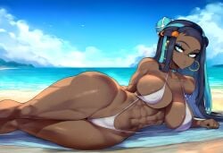 1girls abs ai_generated bare_arms bare_legs bare_shoulders bare_thighs big_breasts bikini black_hair blue_eyes color dark_skin dark_skinned_female female fit_female game_freak gym_leader hi_res large_breasts long_hair luckypathai muscles muscular muscular_female nessa_(pokemon) nintendo pokemon pokemon_ss pokemon_trainer thick_thighs