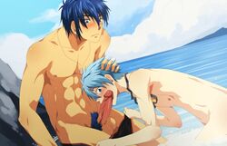 2boys abs black_monkey blue_eyes blue_hair erection gay goggles incest male male_only multiple_boys muscle muscles nude ocenan oral outdoors pubic_hair speedo uncensored yaoi