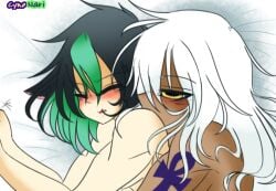 2boys after_sex blush cuddling cute cyno_(genshin_impact) femboy_on_femboy feminine_male from_behind gay genshin_impact implied_sex male no_clothes tagme tan_body tighnari_(genshin_impact) white_hair yaoi