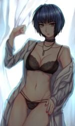 atlus blue_hair bra choker clothed clothing doctor female female_focus labcoat lingerie megami_tensei necklace painted_nails panties persona persona_5 red_nails sega solo solo_female solo_focus tae_takemi toned toned_female yaoto