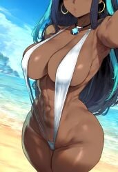 1girls abs ai_generated bare_arms bare_legs bare_shoulders bare_thighs big_breasts bikini black_hair blue_eyes color dark_skin dark_skinned_female female fit_female game_freak gym_leader hi_res large_breasts long_hair luckypathai muscles muscular muscular_female nessa_(pokemon) nintendo pokemon pokemon_ss pokemon_trainer sling_bikini thick_thighs