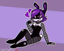 bunny_costume bunny_ears clothed fcagess female_focus female_only heart murder_drones purple_hair robot robot_girl robotic_arm short_hair solo_female teasing two_tone_eyes uzi_(murder_drones)