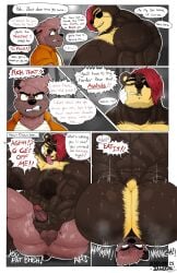 absurd_res ass bear big_breasts big_butt big_muscles bodily_fluids boss_(khrunkisillegal) breasts brown_body brown_fur butt cigarette cigarette_in_mouth comic dekoude domination/submission eye_patch eyewear facesitting forced forced_rimming fur gay hair hi_res huge_muscles hyper hyper_muscles instant_loss_2koma khrunkisillegal kouda_(character) male male/male male_focus mammal muscular object_in_mouth orange_eyes piercing pinned pinned_to_ground prison prison_rape prison_uniform prisoner profanity questionable_consent rape red_hair red_sclera rimming rimming_male sex sitting_on_another size_difference sweat vein