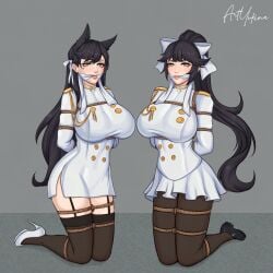 2girls animal_ears artyukina atago_(azur_lane) azur_lane bangs black_hair bondage bound cloth_gag dress female gag gagged high_heels large_breasts military_uniform mole mole_under_eye ponytail restrained ribbon rope rope_bondage skirt takao_(azur_lane) thick_thighs thighhighs thighs uniform