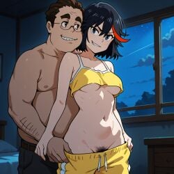 ai_generated black_hair blue_eyes fat_man female glasses kill_la_kill male mankanshoku_barazou matoi_ryuuko medium_breasts old_man older_male pubic_hair pulling_down_pants smirk ugly_bastard