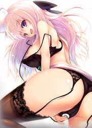 ass black_bra black_legwear black_panties bow bra breasts female from_behind garter_belt garters hairbow hat lingerie looking_back migumigu nipples nurse nurse_cap open_mouth original panties pink_hair purple_eyes smile solo stethoscope thighhighs unclasped underwear