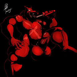 anthro balls big_balls big_penis black_background canine donryu erection furry huge_muscles humanoid_penis male male_only monochrome muscles no_humans nude open_mouth penis plain_background scar solo sword tongue tongue_out weapon wolf