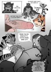 absurd_res anthro ass balls big_balls big_penis bodily_fluids breath canid canine canis clothed clothing comic demon dialogue digital_media_(artwork) drooling duo ear_piercing ear_ring english_text erection eye_scar facial_scar felid fellatio foreskin fur genital_fluids genitals hi_res huge_balls huge_cock hybrid jockstrap jockstrap_only male male/male male_penetrated male_penetrating male_penetrating_male mammal muscular muscular_anthro muscular_male mythological_canine mythological_creature mythology nude open_mouth oral oral_penetration pantherine pecs penetration penile penis picantetortuga piercing ring_piercing saliva saliva_string scar scars_all_over sex simple_background size_difference sparkles speech_bubble striped_body stripes tail teeth text tiger tongue topless underwear underwear_only werecanid werecanine werecreature werewolf wolf