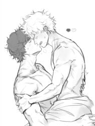 2boys blush completely_nude esipeeog eye_contact gay gintama gintoki_sakata implied_sex looking_at_another male male_only monochrome muscular muscular_male no_visible_genitalia nude profile sakamoto_tatsuma scars side_view sweatdrop topless topless_male yaoi