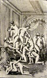 4girls 6+boys 8boys anal bisexual black_and_white clothed_female_nude_male dildo engraving female fine_art from_behind from_behind_position gay group_sex large_group male missionary_position monochrome multiple_boys nude oral orgy penis public_domain riding_on_back straight_hair traditional_art victorian vintage