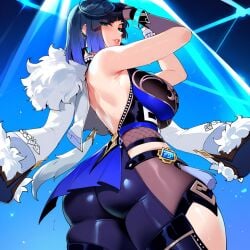 1girls ai_generated ass bangs bare_shoulders breasts eyewear_on_head fourina fur_coat fur_trim genshin_impact gloves green_eyes huge_breasts jacket jewelry large_breasts looking_at_viewer looking_back short_hair smile solo thick_thighs thigh_strap thighhighs yelan_(genshin_impact)