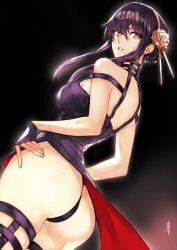 1girls ass bare_shoulders black_dress black_gloves black_hair black_panties black_thighhighs breasts cowboy_shot dress earrings female fingerless_gloves flower from_behind gloves gold_earrings gold_hairband hair_between_eyes hair_flower hair_ornament hairband highres j_artur jewelry large_breasts lips long_hair looking_at_viewer panties parted_lips red_eyes sidelocks sleeveless sleeveless_dress solo spy_x_family thighhighs thong underwear yor_briar yor_forger