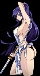 apron apron_only armpit black_panties blue_hair hfxpins highschool_of_the_dead katana nude_apron panties saeko_busujima sword