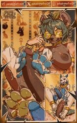 2_horns 4_toes abs absurd_res anklet anthro armlet big_breasts blue_body blue_eyes blue_pawpads blue_penis bodily_fluids bracelet breasts brown_body brown_fur claws clothing cock_vore collar cum cumshot dark_nipples dark_penis disembodied_foot dragon dripping duo ear_piercing egyptian egyptian_clothing ejaculation english_text erection eyeshadow eyewear feet foot_fetish foot_play footjob fur genital_fluids genitals glasses gold_(metal) gold_anklet gold_armlet gold_bracelet gold_collar gold_glasses gold_jewelry gold_piercing gold_ring green_eyes green_hair green_pawpads green_tail grin gynomorph hair heart_symbol hi_res horn hyena intersex intersex/male jewelry leaf leaf_tail licking licking_lips looking_at_genitalia looking_at_penis makeup male mammal metal_collar multicolored_body multicolored_fur muscular muscular_intersex mythological_creature mythological_scalie mythology navel oushin pawpads pea4thefre2h peacheart_(character) penile penis penis_on_feet piercing precum precum_drip ring round_glasses scalie sex smelly smile soles spiked_tail spikes spikes_(anatomy) tail tattoo text throbbing throbbing_penis toes tongue tongue_out twitching two_tone_body usekh vore white_body
