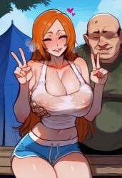 ai_generated big_breasts bleach bleach:_the_thousand-year_blood_war breasts cheating ene fat_man groping groping_breasts hobo homeless inoue_orihime netorare ntr old_man older_male orange_hair peace_sign sweat ugly_bastard ugly_man